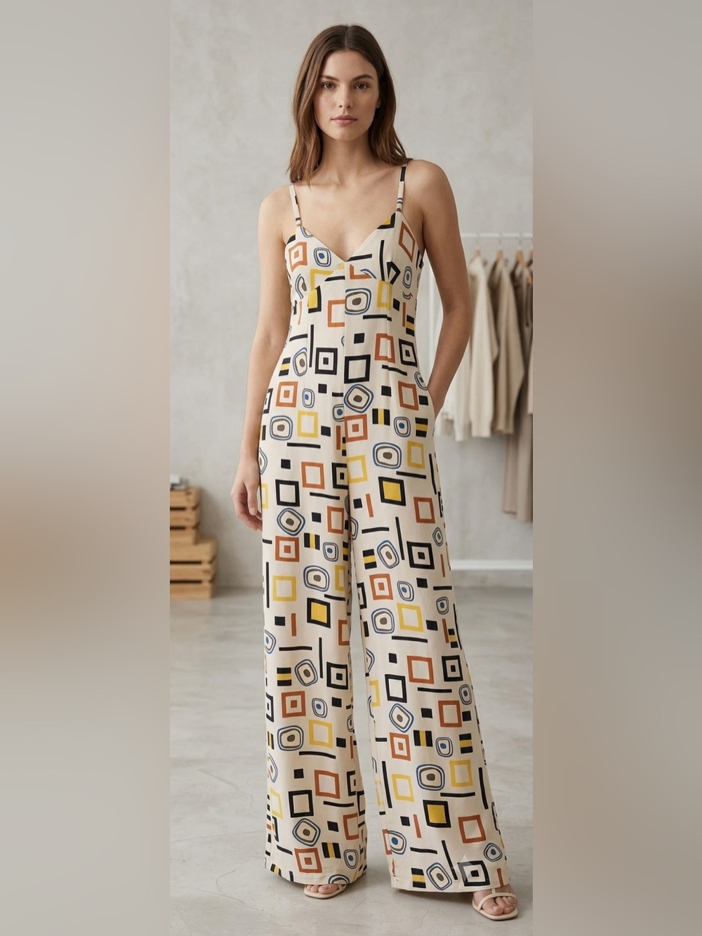 Geometric Print Spaghetti Strap Jumpsuit in Cream